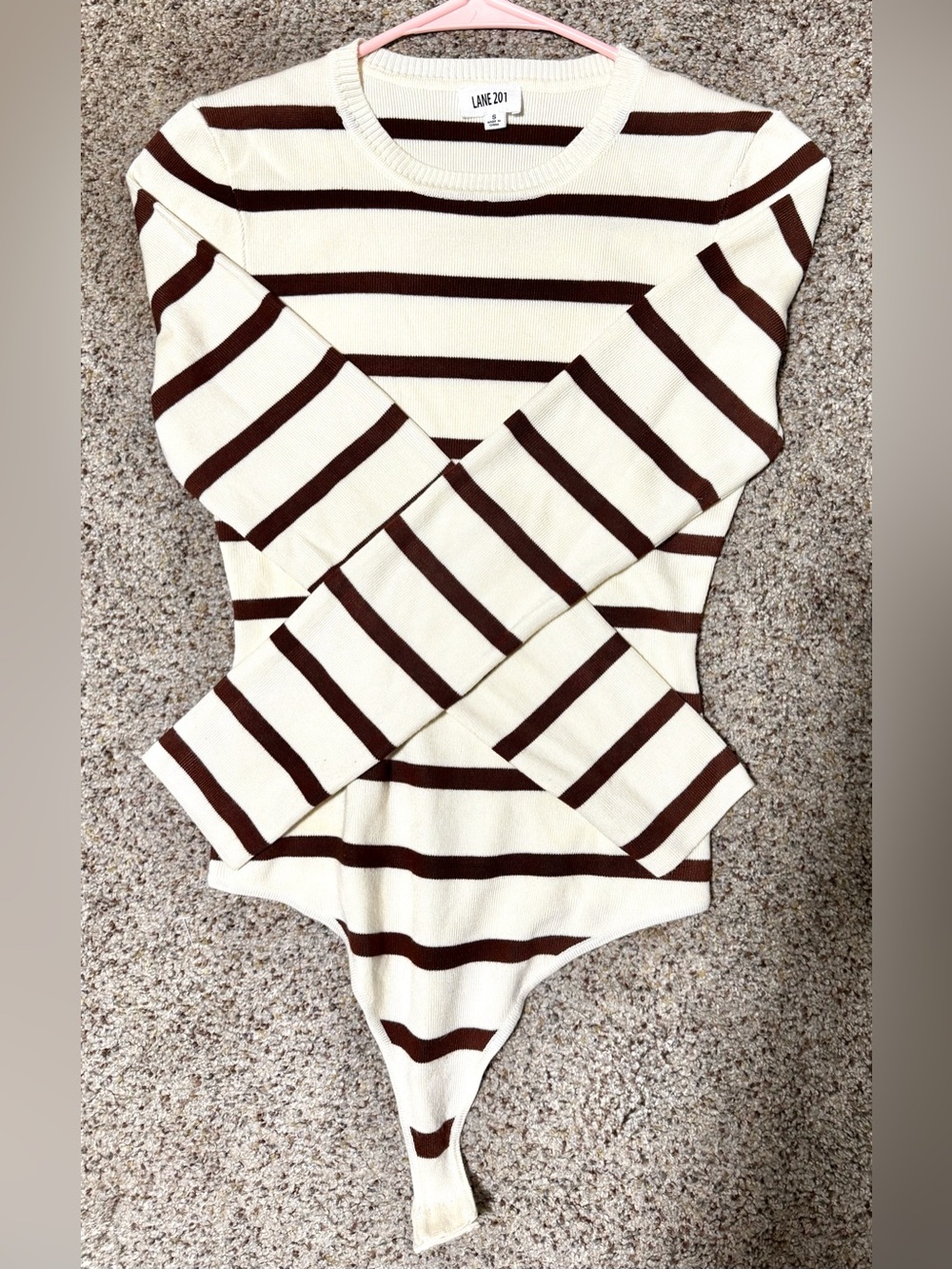 Lane 201 Boutique Cream & Brown Striped Women’s Sweater Bodysuit Size Small